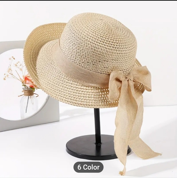None Accessories - New Pretty Cream Straw Hat with Bow UV Protection